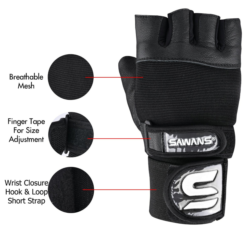 SAWANS® Gym Weight Lifting Gloves Leather Training Straps Body Building Workouts