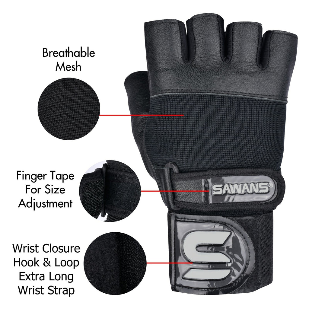 SAWANS® Gym Weight Lifting Gloves Leather Training Straps Body Building Workouts