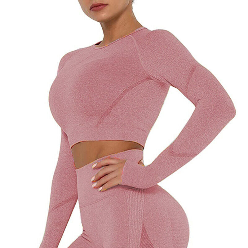Women Comfort Long Sleeve Crop Top Yoga Suit Gym Leggings Pants Gym Workout Set