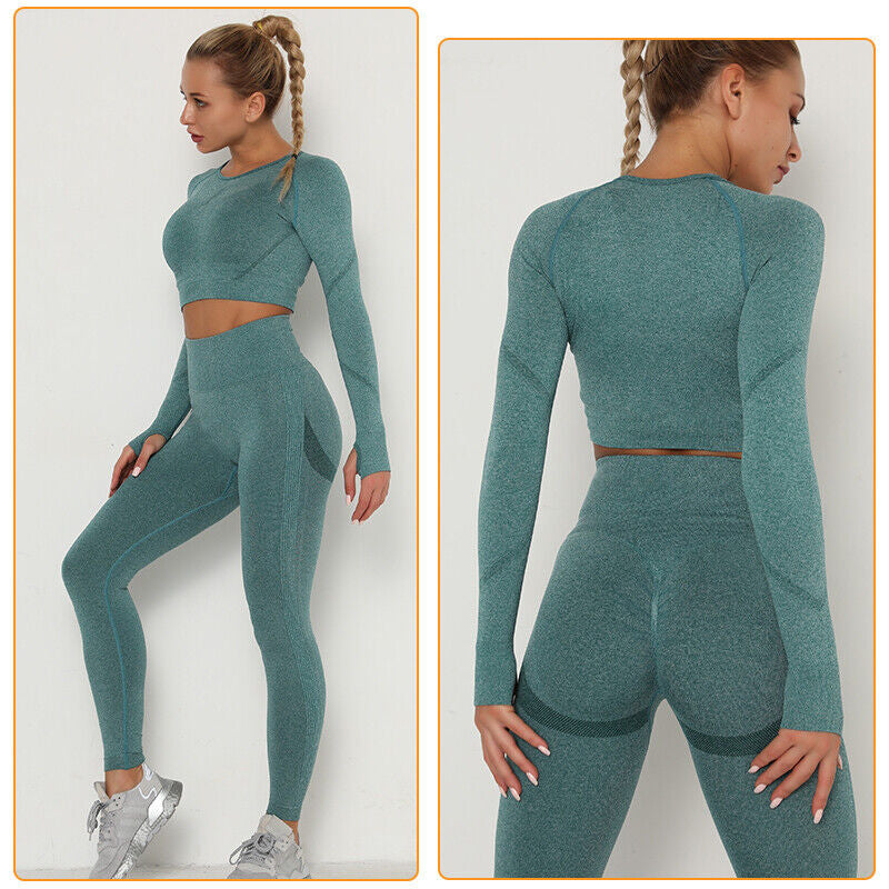 Women Comfort Long Sleeve Crop Top Yoga Suit Gym Leggings Pants Gym Workout Set