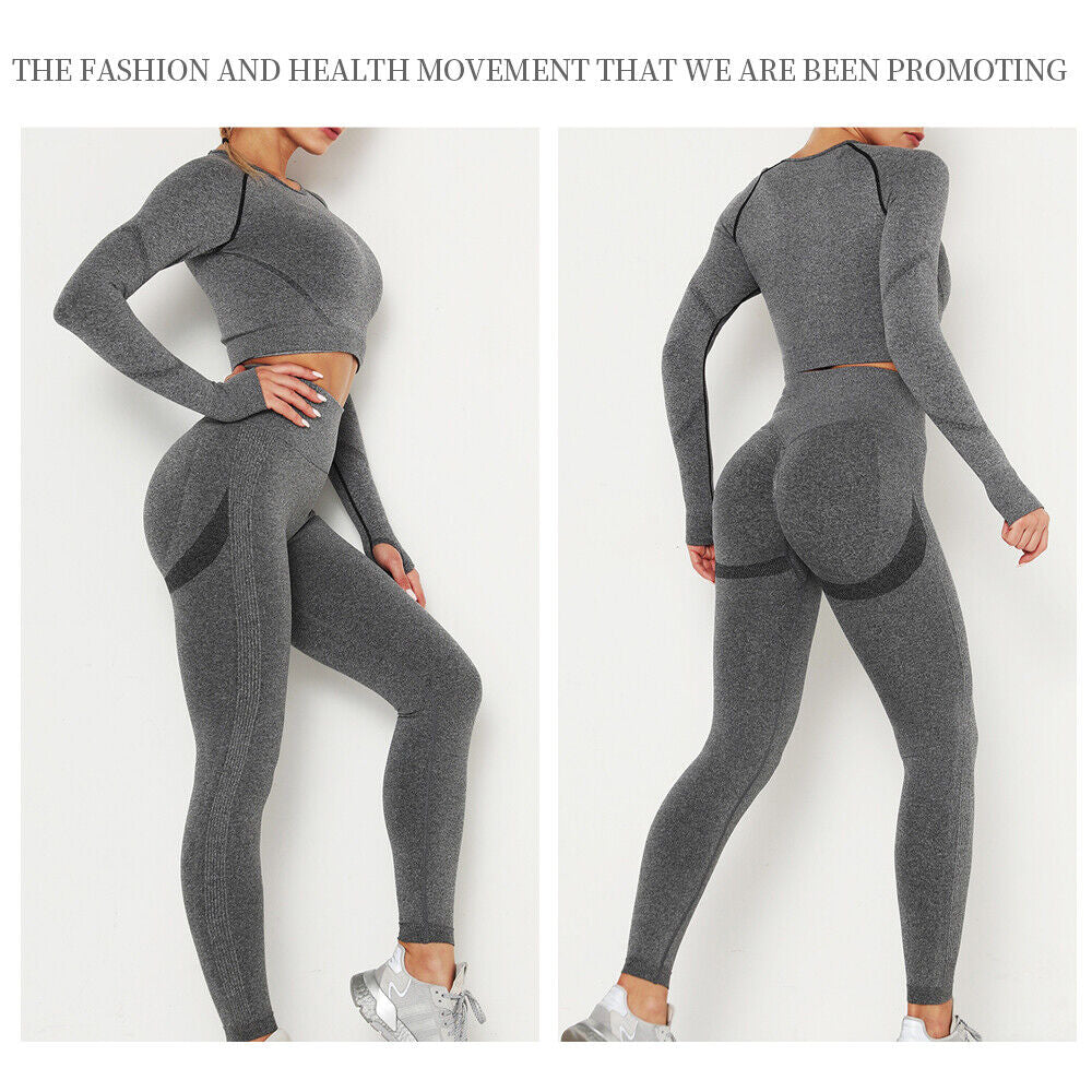 Women Comfort Long Sleeve Crop Top Yoga Suit Gym Leggings Pants Gym Workout Set