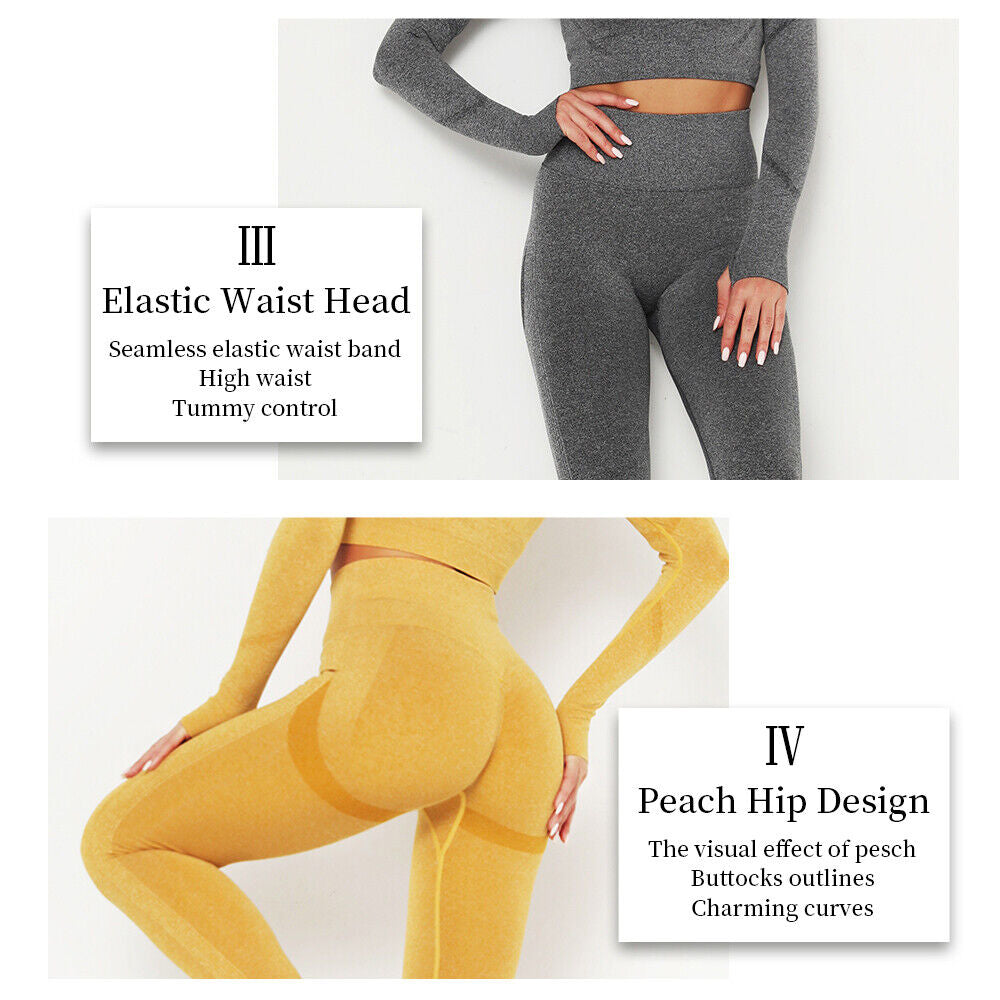 Women Comfort Long Sleeve Crop Top Yoga Suit Gym Leggings Pants Gym Workout Set