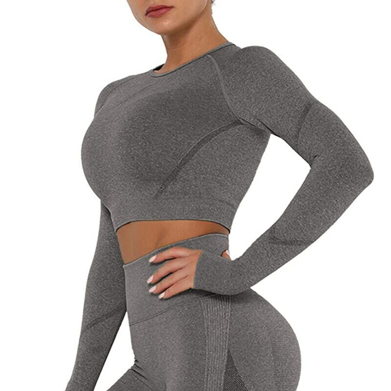 Women Comfort Long Sleeve Crop Top Yoga Suit Gym Leggings Pants Gym Workout Set