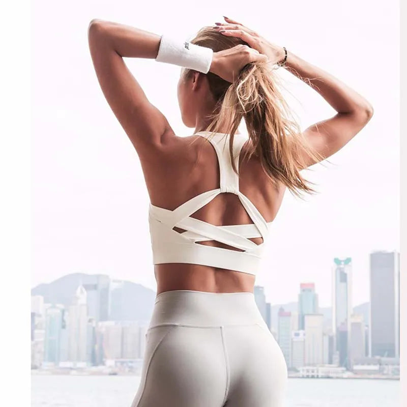 Women White Strap Push up Sports Bra for Women Gym Running Yoga Top Bra Athletic Vest Hollow Out Sportswear Underwear