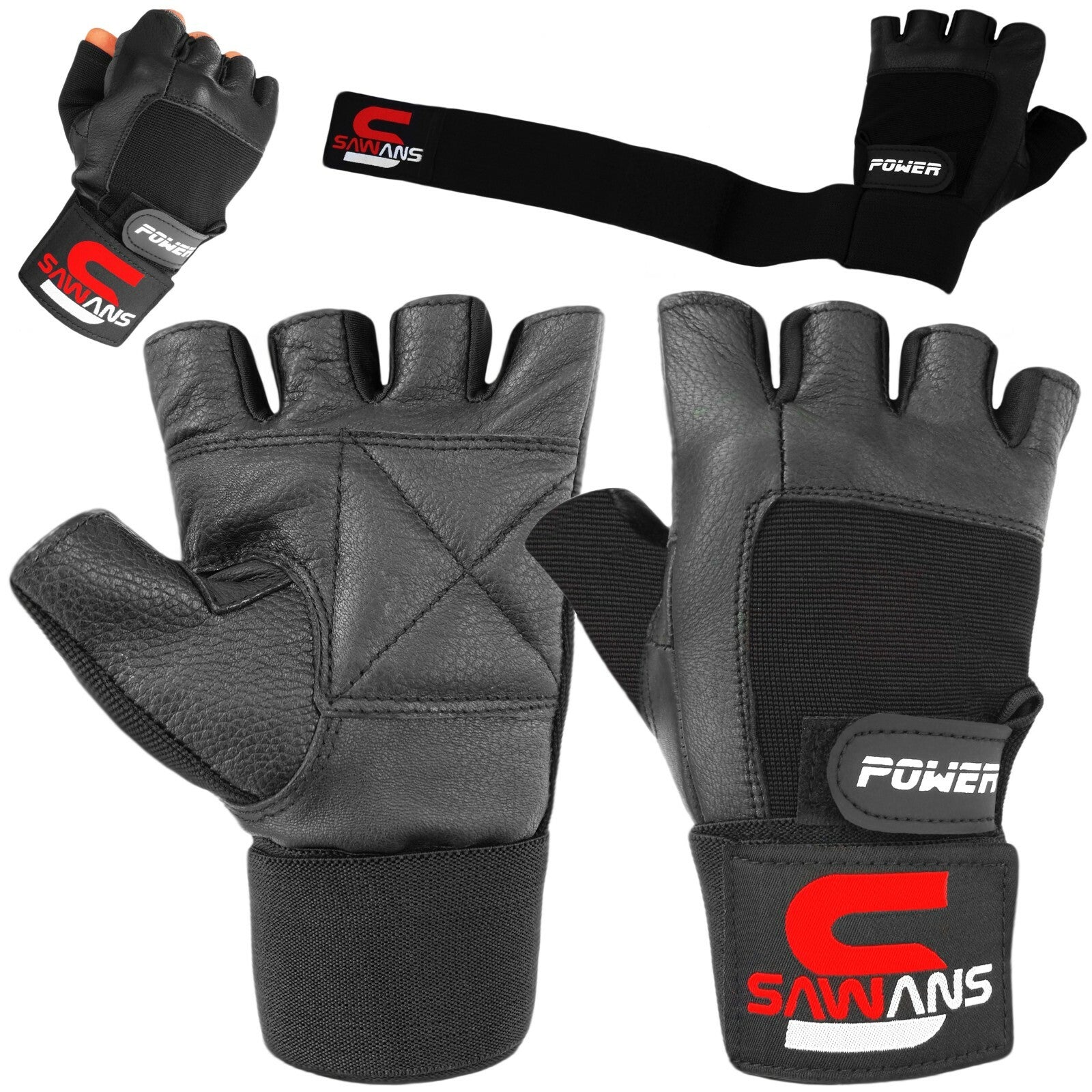 SAWANS® Gym Weight Lifting Gloves Leather Training Straps Body Building Workouts